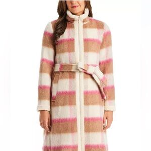 Kate Spade Belted Maxi Wool with Sherpa Detail Buffalo Plaid Coat